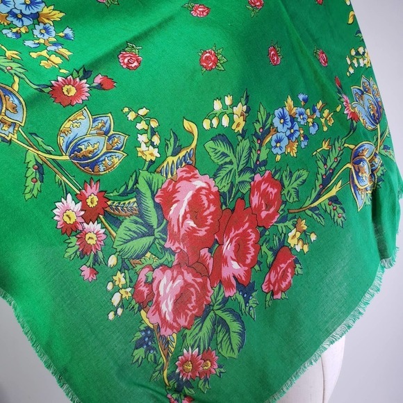 Vintage Challis Square Scarf Green Pink Floral - Picture 6 of 8